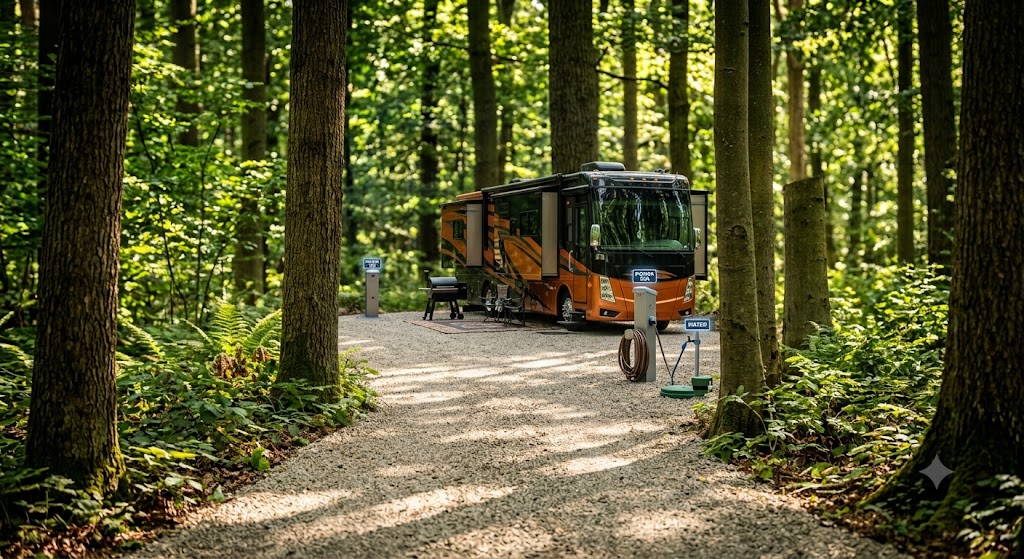 RV pad and cabins among the trees